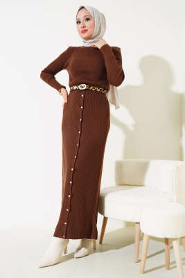 Boydan Düğmeli Etekli Triko Takım Kahve - Triko İkili Takım