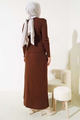 Boydan Düğmeli Etekli Triko Takım Kahve - Triko İkili Takım