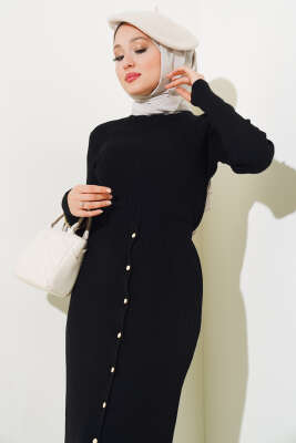 Boydan Düğmeli Etekli Triko Takım Siyah - Triko İkili Takım