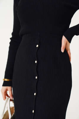 Boydan Düğmeli Etekli Triko Takım Siyah - Triko İkili Takım