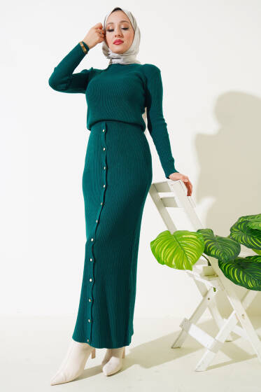 Boydan Düğmeli Etekli Triko Takım Zümrüt - İkili Takım