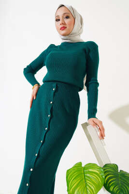 Boydan Düğmeli Etekli Triko Takım Zümrüt - Triko İkili Takım