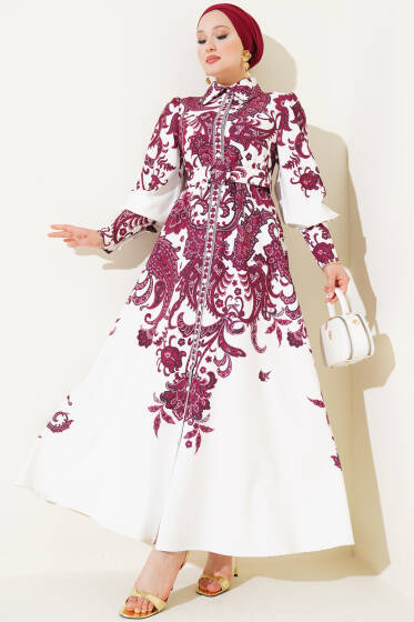 Boydan Düğmeli Etnik Desen Kemerli Elbise Bordo - Elbise