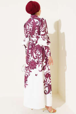 Boydan Düğmeli Etnik Desen Kemerli Elbise Bordo - Tesettür Elbise