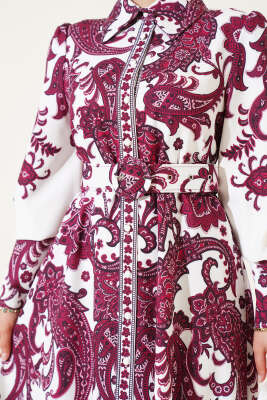 Boydan Düğmeli Etnik Desen Kemerli Elbise Bordo - Tesettür Elbise