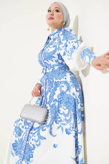 Boydan Düğmeli Etnik Desen Kemerli Elbise Mavi - Elbise