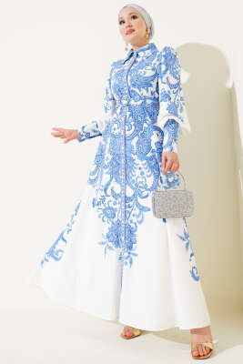 Boydan Düğmeli Etnik Desen Kemerli Elbise Mavi - Tesettür Elbise