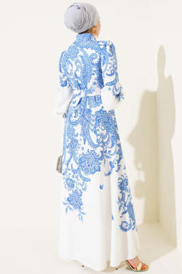 Boydan Düğmeli Etnik Desen Kemerli Elbise Mavi - Tesettür Elbise