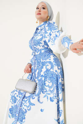Boydan Düğmeli Etnik Desen Kemerli Elbise Mavi 