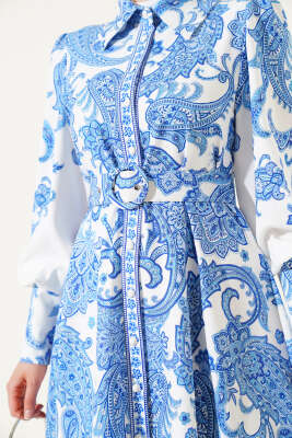 Boydan Düğmeli Etnik Desen Kemerli Elbise Mavi - Tesettür Elbise