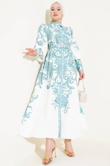 Boydan Düğmeli Etnik Desen Kemerli Elbise Yeşil - Elbise