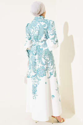 Boydan Düğmeli Etnik Desen Kemerli Elbise Yeşil - Tesettür Elbise