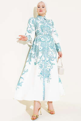 Boydan Düğmeli Etnik Desen Kemerli Elbise Yeşil 