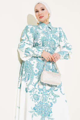 Boydan Düğmeli Etnik Desen Kemerli Elbise Yeşil - Tesettür Elbise