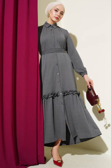 Boydan Düğmeli Fırfır Volanlı Elbise Füme - Elbise