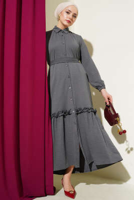 Boydan Düğmeli Fırfır Volanlı Elbise Füme 