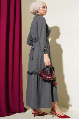 Boydan Düğmeli Fırfır Volanlı Elbise Füme - Tesettür Elbise