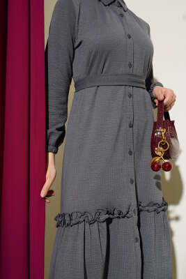 Boydan Düğmeli Fırfır Volanlı Elbise Füme - Tesettür Elbise