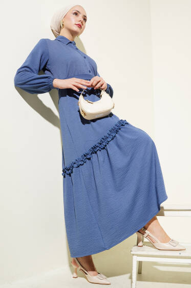Boydan Düğmeli Fırfır Volanlı Elbise İndigo - Elbise