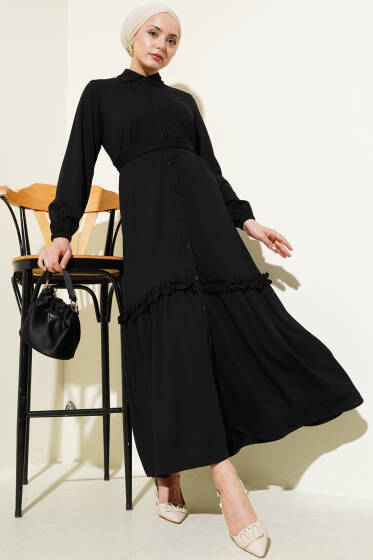 Boydan Düğmeli Fırfır Volanlı Elbise Siyah - Elbise