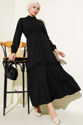 Boydan Düğmeli Fırfır Volanlı Elbise Siyah - Tesettür Elbise