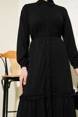 Boydan Düğmeli Fırfır Volanlı Elbise Siyah - Tesettür Elbise