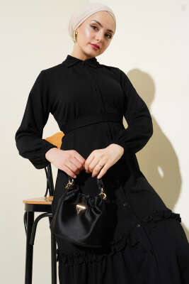 Boydan Düğmeli Fırfır Volanlı Elbise Siyah - Tesettür Elbise