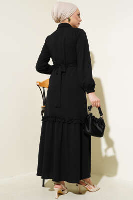 Boydan Düğmeli Fırfır Volanlı Elbise Siyah - Tesettür Elbise