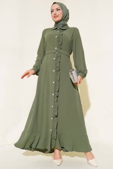 Boydan Düğmeli Fırfırlı Elbise Haki - Elbise