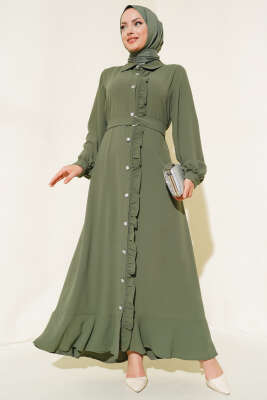 Boydan Düğmeli Fırfırlı Elbise Haki - Tesettür Elbise