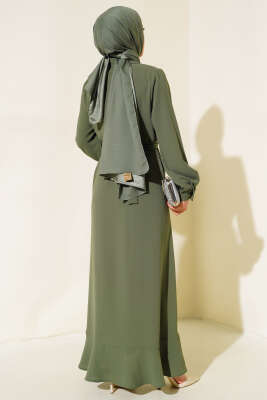 Boydan Düğmeli Fırfırlı Elbise Haki - Tesettür Elbise
