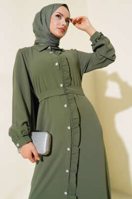 Boydan Düğmeli Fırfırlı Elbise Haki - Tesettür Elbise