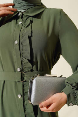 Boydan Düğmeli Fırfırlı Elbise Haki - Tesettür Elbise