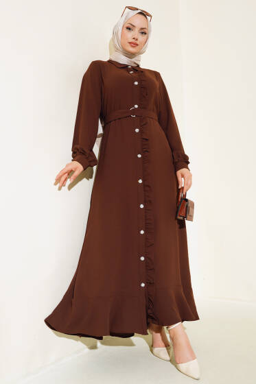 Boydan Düğmeli Fırfırlı Elbise Kahve - Elbise
