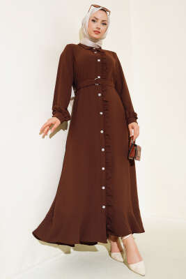 Boydan Düğmeli Fırfırlı Elbise Kahve 