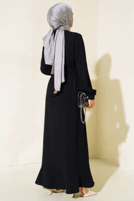 Boydan Düğmeli Fırfırlı Elbise Siyah - Tesettür Elbise