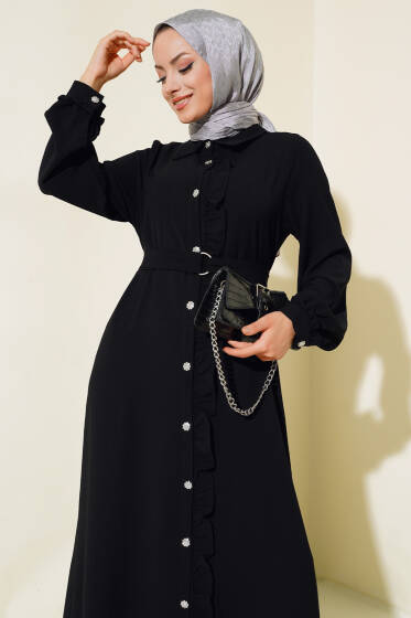 Boydan Düğmeli Fırfırlı Elbise Siyah - Tesettür Elbise