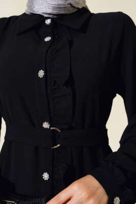 Boydan Düğmeli Fırfırlı Elbise Siyah - Tesettür Elbise