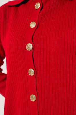 Boydan Düğmeli Fitilli İkili Takım Kırmızı - Thumbnail