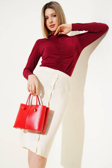 Boydan Düğmeli Fitilli Triko Midi Etek Bej - Kadın Giyim Modelleri