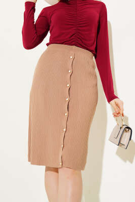 Boydan Düğmeli Fitilli Triko Midi Etek Büsküvi - Kadın Giyim Modelleri