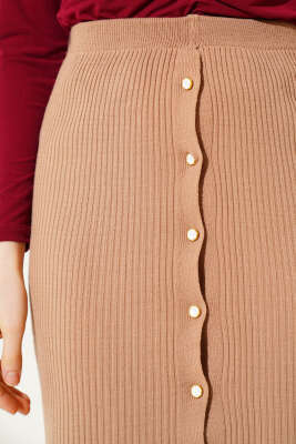 Boydan Düğmeli Fitilli Triko Midi Etek Büsküvi - Kadın Giyim Modelleri