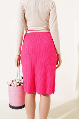 Boydan Düğmeli Fitilli Triko Midi Etek Fuşya - Kadın Giyim Modelleri