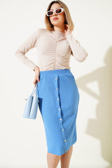 Boydan Düğmeli Fitilli Triko Midi Etek İndigo - Kadın Giyim Modelleri