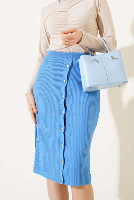 Boydan Düğmeli Fitilli Triko Midi Etek İndigo - Kadın Giyim Modelleri