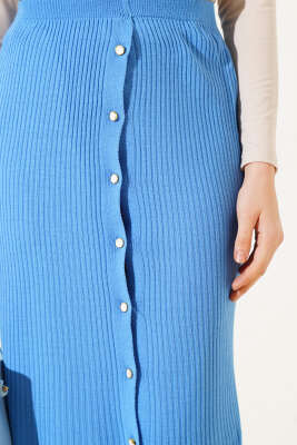 Boydan Düğmeli Fitilli Triko Midi Etek İndigo - Kadın Giyim Modelleri