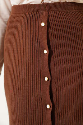 Boydan Düğmeli Fitilli Triko Midi Etek Kahve - Kadın Giyim Modelleri