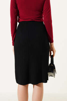 Boydan Düğmeli Fitilli Triko Midi Etek Siyah - Kadın Giyim Modelleri