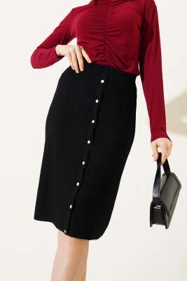 Boydan Düğmeli Fitilli Triko Midi Etek Siyah - Kadın Giyim Modelleri