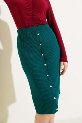 Boydan Düğmeli Fitilli Triko Midi Etek Zümrüt - Kadın Giyim Modelleri